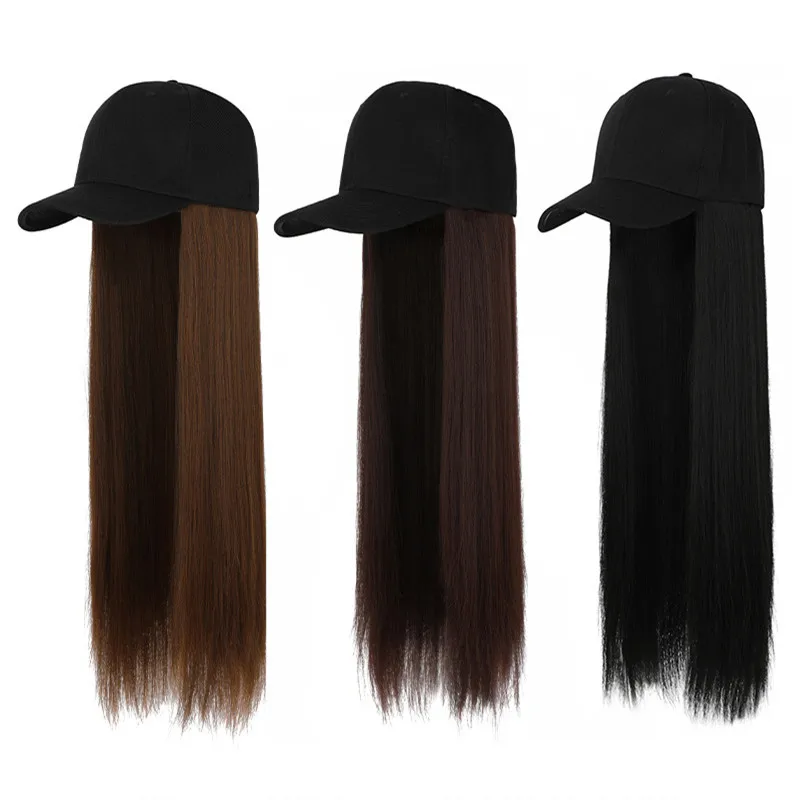 Fashion Hat Hair Extensions Beautiful Ladies Long Straight Wigs Hats Connected Head Cover Synthetic Peaked Cap Wig For Women