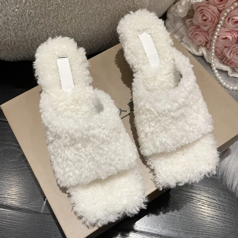 

Fluffy Women Mid Heels Slippers Designer Square Toe Shoes 2025 Autumn New Casual Slingback Shoes Dress Pumps Zapatos De Mujer