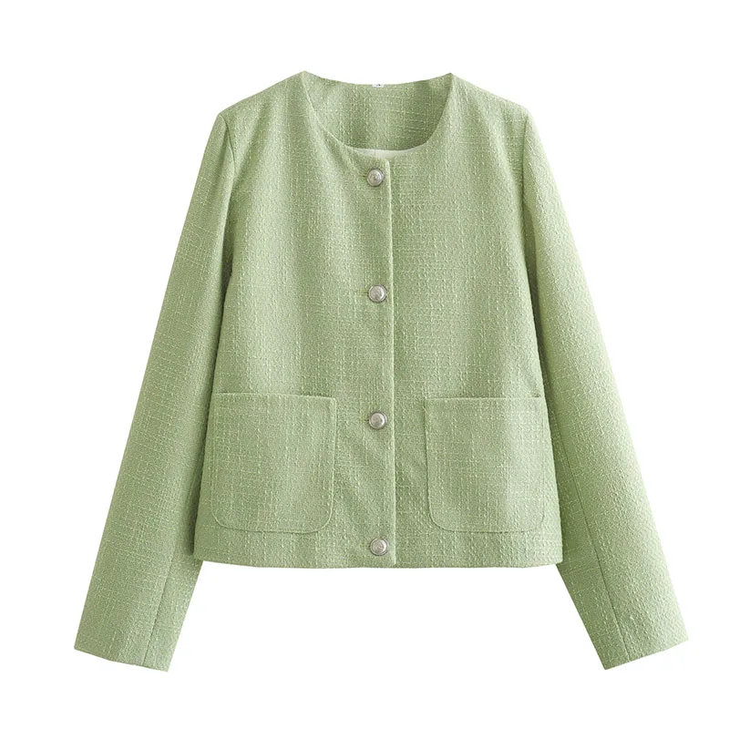 

Green Casual Women's jackets autumn O-Neck Elegant outwear coat female pocket long sleeve Office Lady Blazer 2025 new