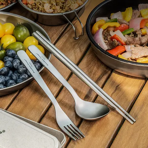 무한 항해 티타늄 스푼 포크 젓가락, 야외 여행 캠핑 식기, 두께 포크 스푼 서양 디저트 칼 붙이