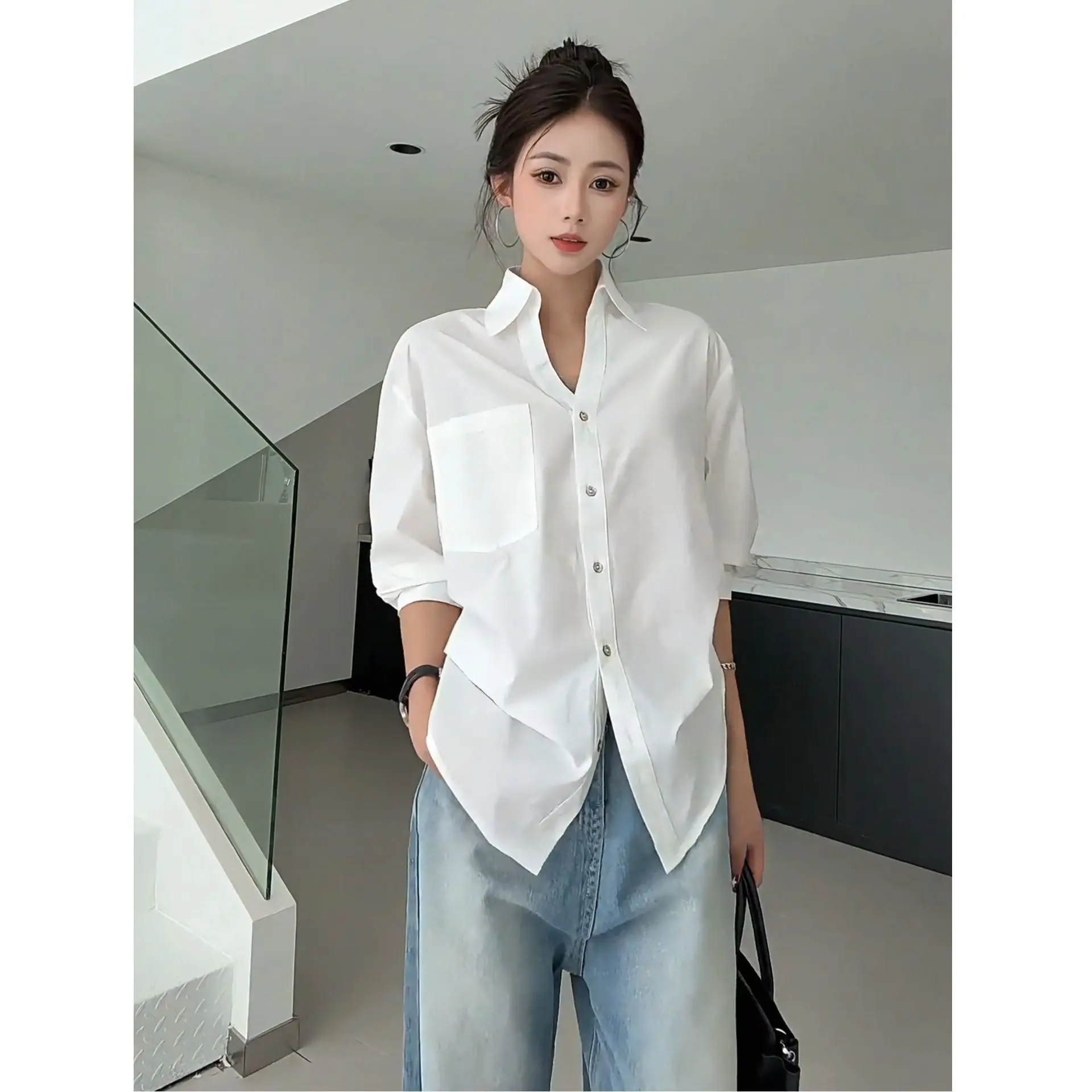 

Белая повседневная женская блузка с воротником, длинными рукавами-фонариками, плиссированной талией, стройнящая, универсальная, осенняя мода