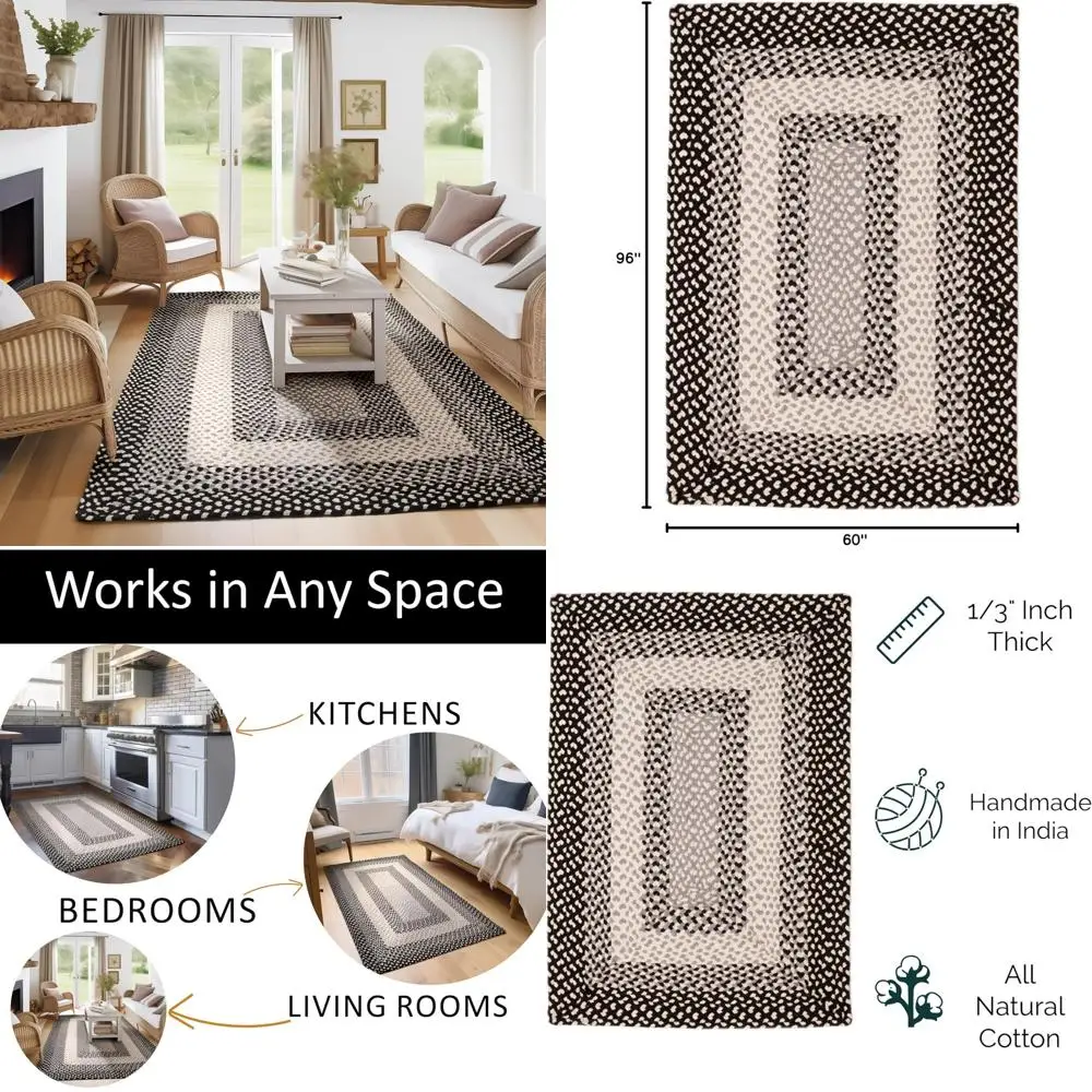 

Плетеный хлопковый ковер 5x8 в стиле фермерского дома — натуральный примитивный ковер для гостиной — черный/серый