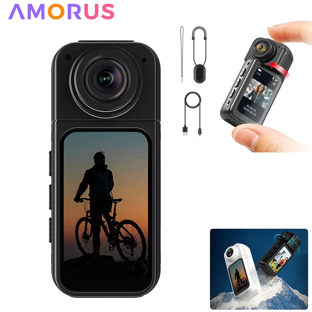 AMORUS Mini 2.7K Thumb Action Camera 1080P Pocket Sport Cam 1.47 Inch 180 Angle WIFI Recorder Magnetic Attraction Bracket Camera