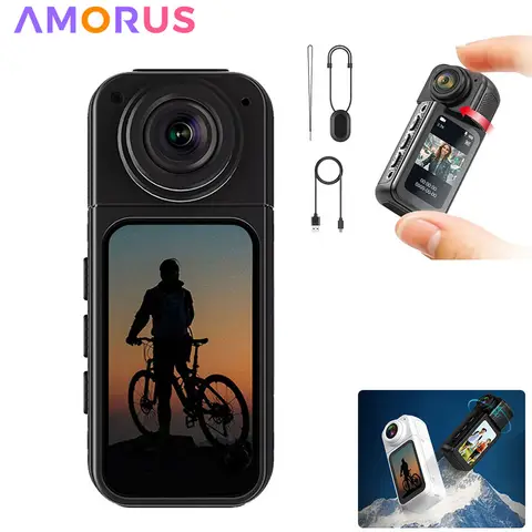 AMORUS Mini 2.7K Thumb Action Camera 1080P Pocket Sport Cam 1.47 Inch 180 Angle WIFI Recorder Magnetic Attraction Bracket Camera