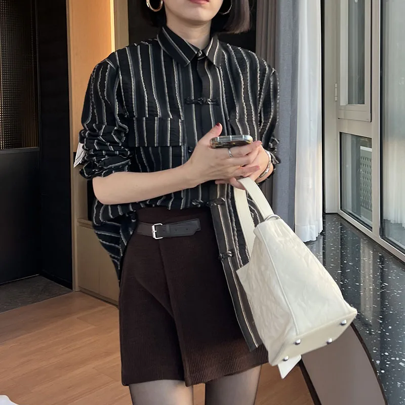 

Оригинальный дизайн, ручная работа, льняная рубашка в полоску, женская, осенне-зимняя, новинка, универсальная, для повседневной носки, женская мода