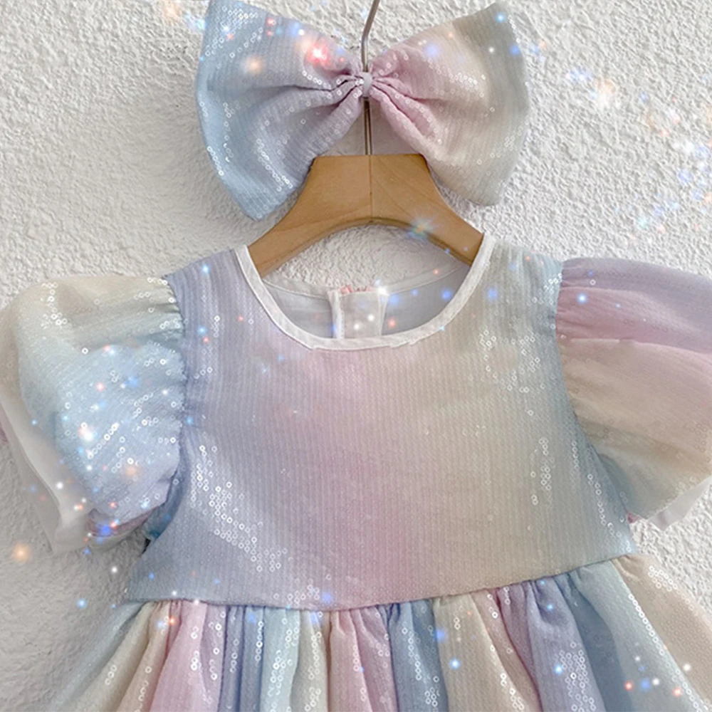 Bear Leader Fashion Rainbow Sequins Girl Dress Birthday Party Wedding Girl Dresses Kids Clothes Summer Ball Gown Dress Vestidos