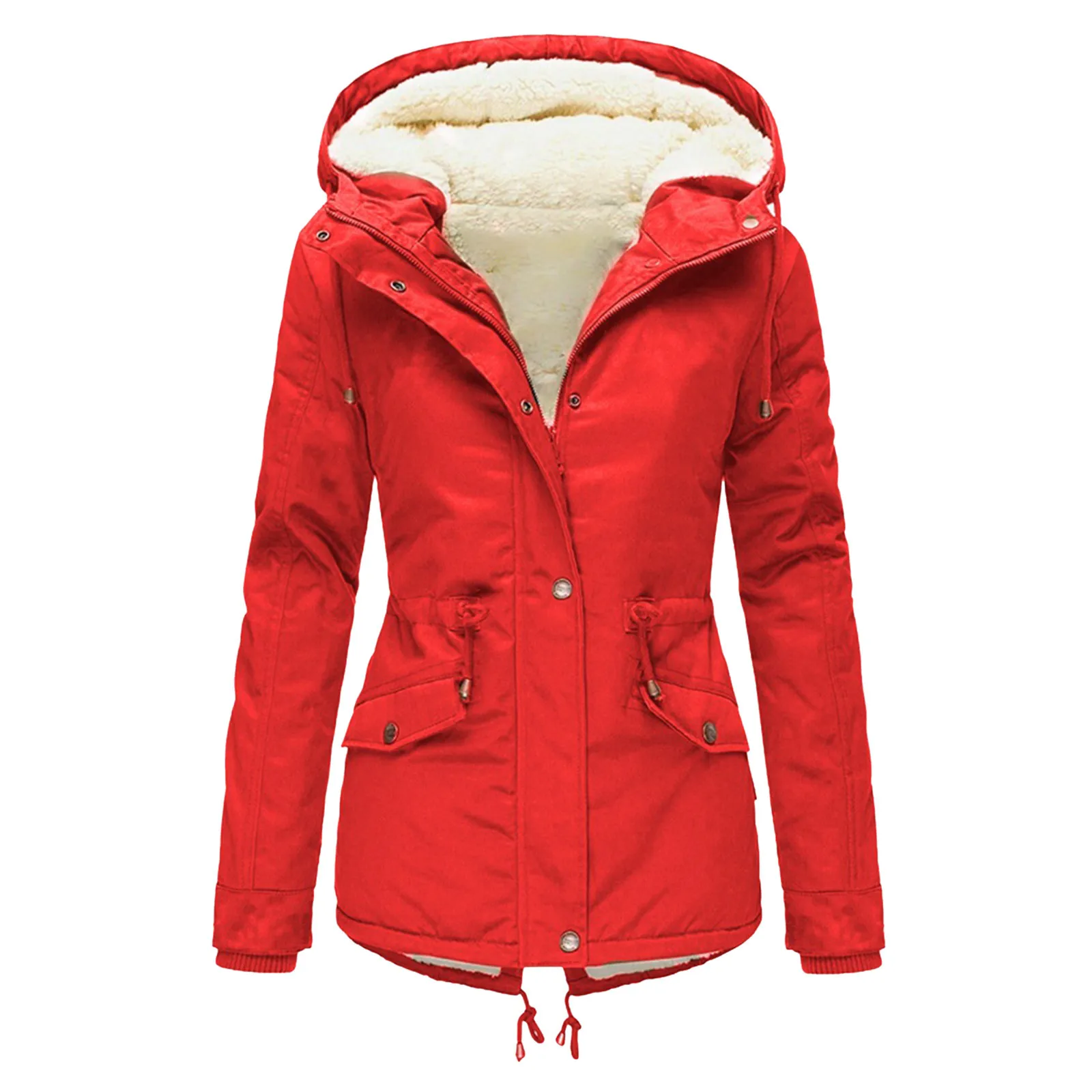 Fashion Drawstring Inside Fleece Padded Hoodie Coat Women Winter Warm Slim Zipper Jacket Hooded Solid Color Casual Coats