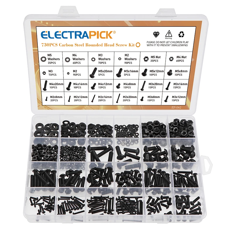 

730pcs Carbon Steel Round Head Screw Nut Washer Set M2 M3 M4 M5 Round Head Socket Head Cap Screws Metal Socket with Nut Washer
