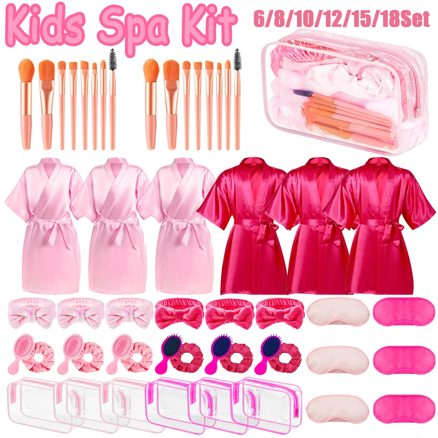 

6-18 Set Spa Party Robes for Girls Birthday Spa Satin Robes Kid Makeup Slumber Sleepover Pajamas Party Gowns Pink Party Favors