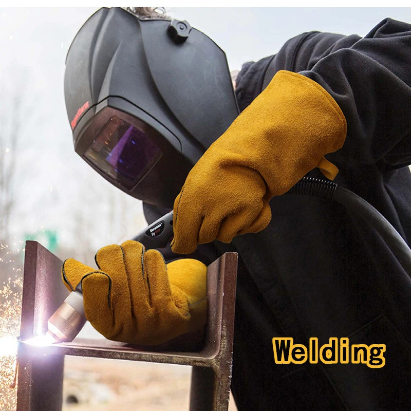 Guantes de protección para trabajo de soldadura de cuero de vaca, aislamiento térmico, anticorte, ignífugo, estufa de madera, fireemplazos, barbacoa, hornear, acampar