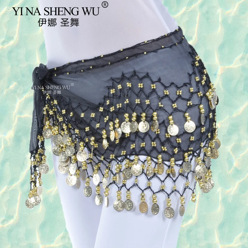Ceinture de danse du ventre en tissu mousseline de soie, 128 pièces de monnaie à trois couches, chaîne de taille pour femmes adultes, accessoires de spectacle de danse, écharpe de hanche