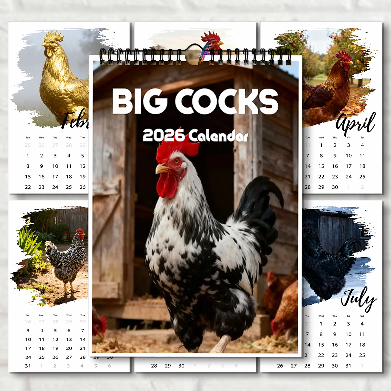 

1PC 2026 Big Cocks Themed Wall Calendar, Vibrant Rooster-Farm Style Fans, Perfect for Home & Farmhouse Decor,Funny Wall Calendar