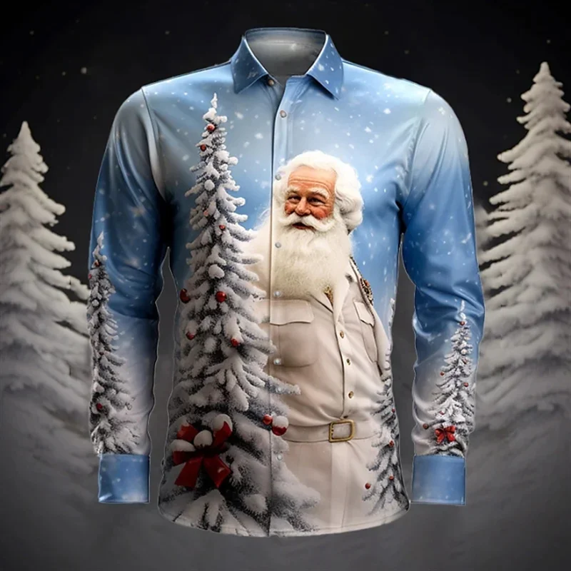 

3D Print Santa Claus's Reindeer Hawaiian Shirts For Men Merry Christmas Pattern Aloha Shirts Loose Long Sleeve Lapel Tops Blouse