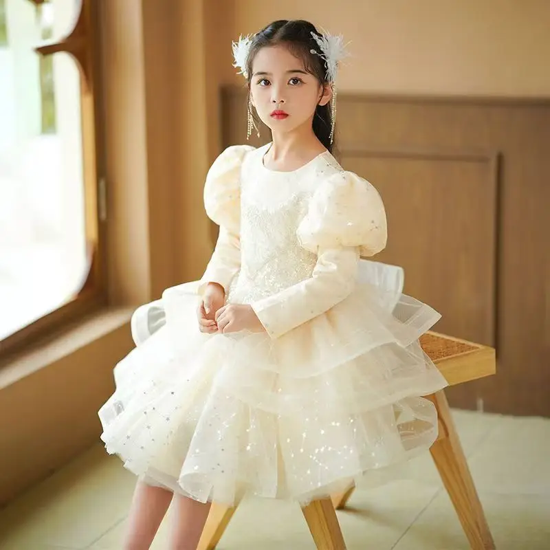 2026 Spring and Autumn Winter New Girl's High end Light Luxury Niche Dress Princess Dress Children's Puff Yarn Cute Girl Dress