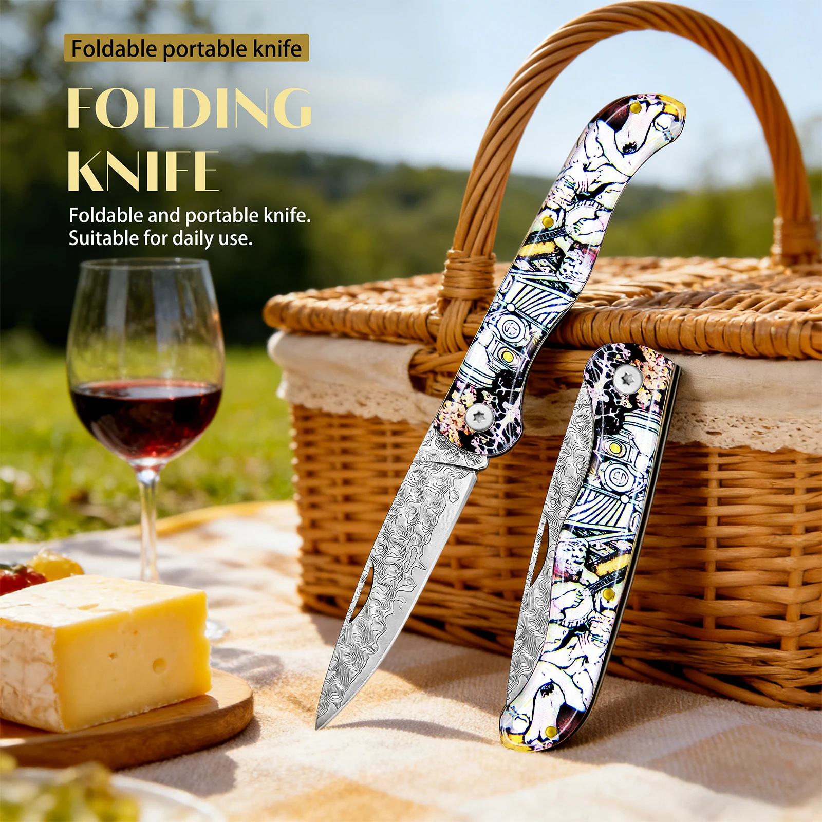 This Folding Pocket Knife Features an Artistic Printed Handle, Damascus Pattern Blade, and Compact Folding Design. The Eye-Catching Handle Style Makes It Stand out from Basic Pocket Tools, while The Portable Size Is Easy to Store in a Pocket, Backpack,