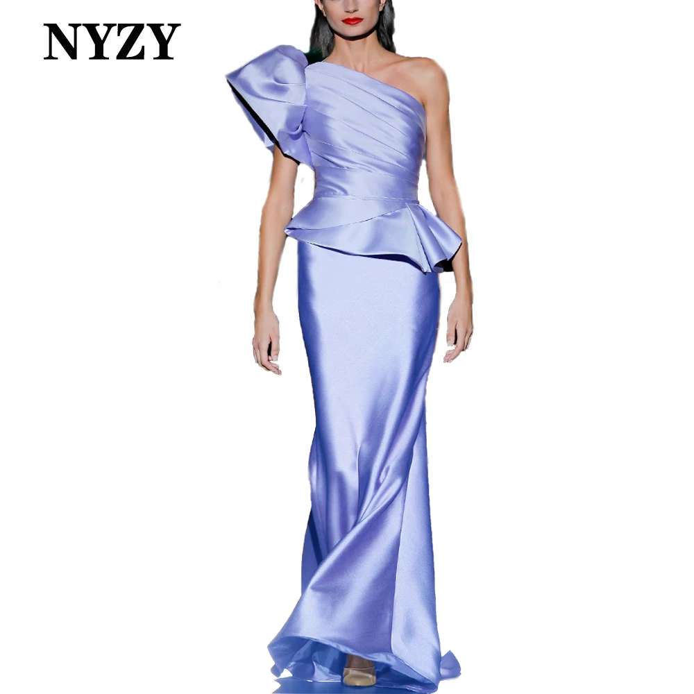 

NYZY E411 Chic One-shoulder Ruffles Satin Mermaid Prom Dresses 2024 Party Evening Gowns