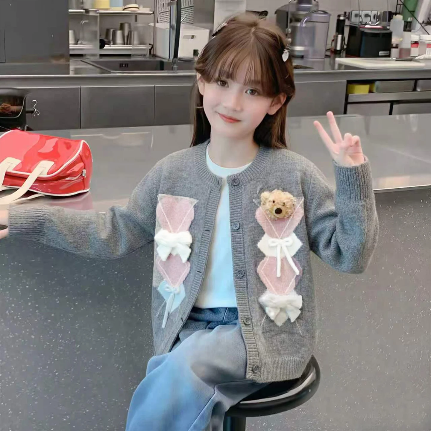 2026 autumn winter teenager girl knitted cardigan fashion chic kid love 3D cartoon bear sweater coat 14 children clothes jacket