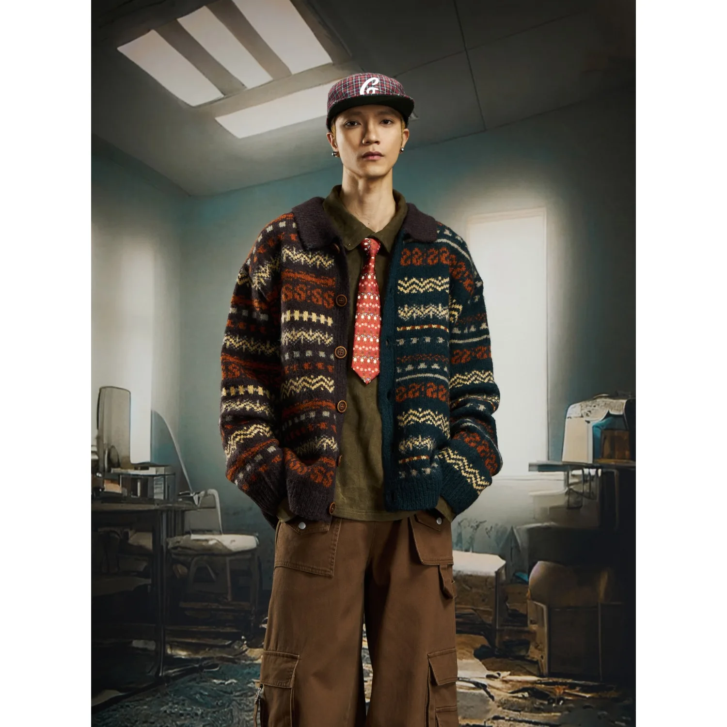 

Color Blo Knitted Open Cardigan Loose Lazy Sle Warm Floral Sweater Jaet Trendy Men's Faion Winter Season Polyester Fiber