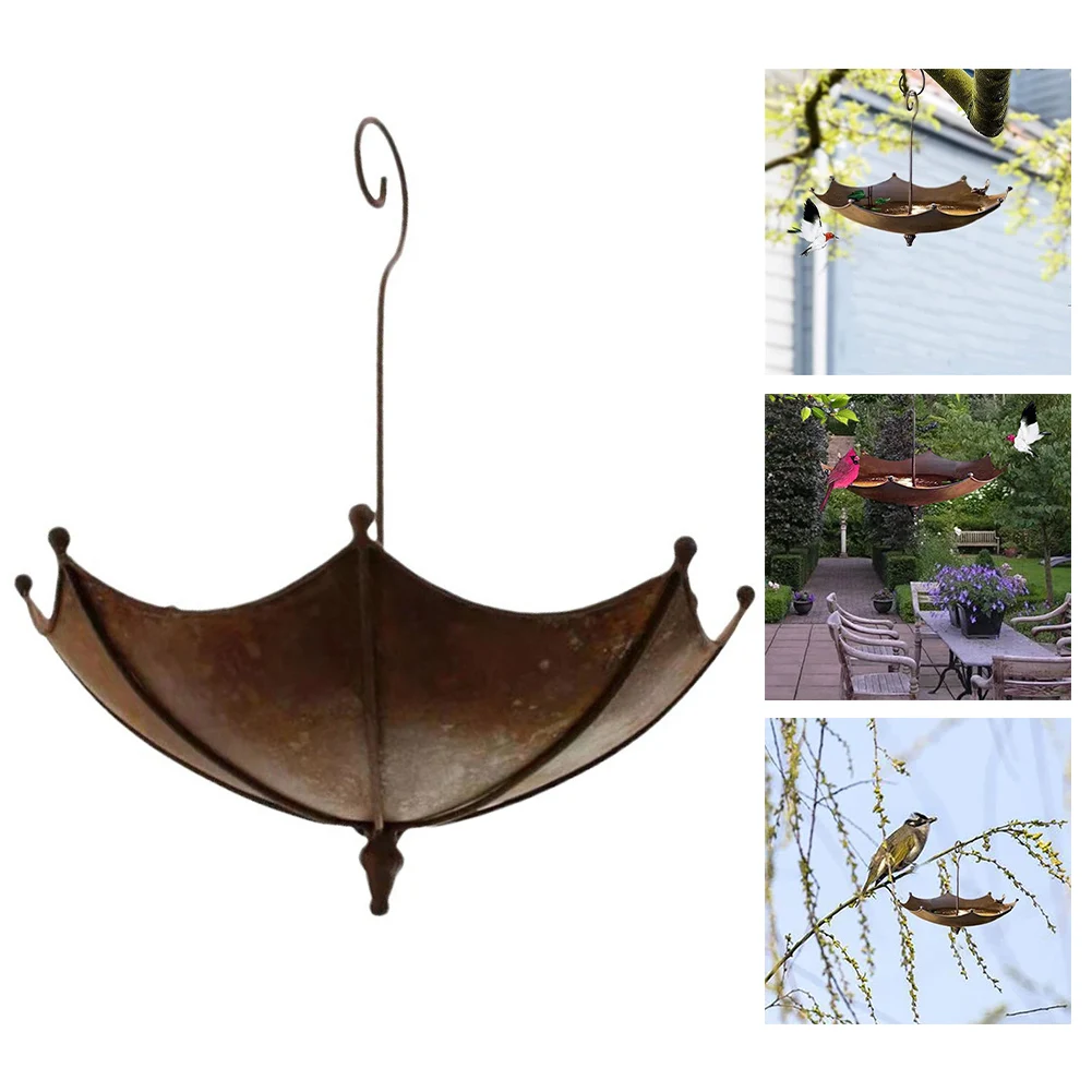 Garden Bird Feeder Outdoor Metal Bird Bath With Umbrella Design  Courtyard Pendant Metal Crafts Tree Hanging Feeder