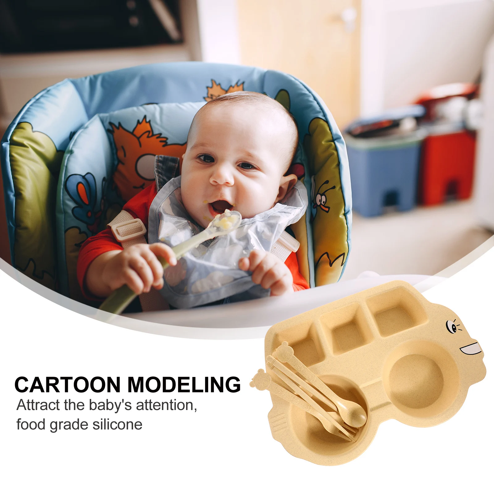 

Silicone Baby Dinner Plate Cartoon Dish Set Safe Toddler Plates Divided Grid Kindergarten Lunch Self Feeding Tableware Portable