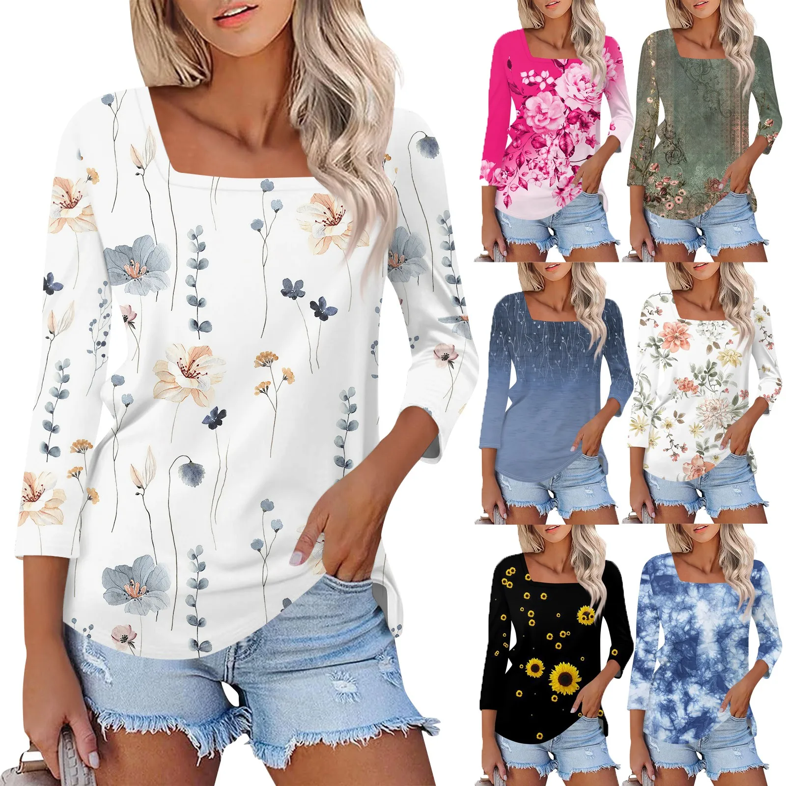 New Shirt For Women's Fashion Casual Square Neck 3/4 Sleeve Loose Printed T-Shirt Ruched Daily Date Going Out Ladies Top S-3XL