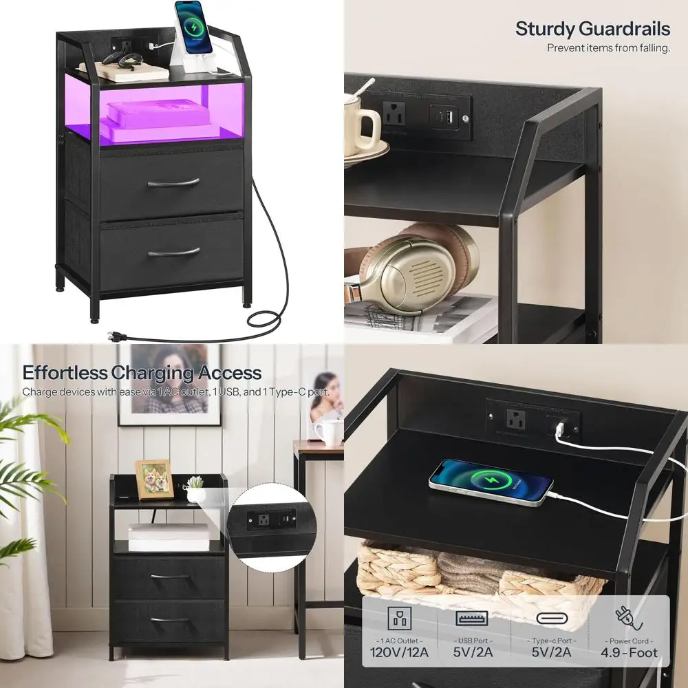 

Bedside Table with Charging Dock, LED Strip, and Non-Woven Drawers, Black BB012UDBZ01