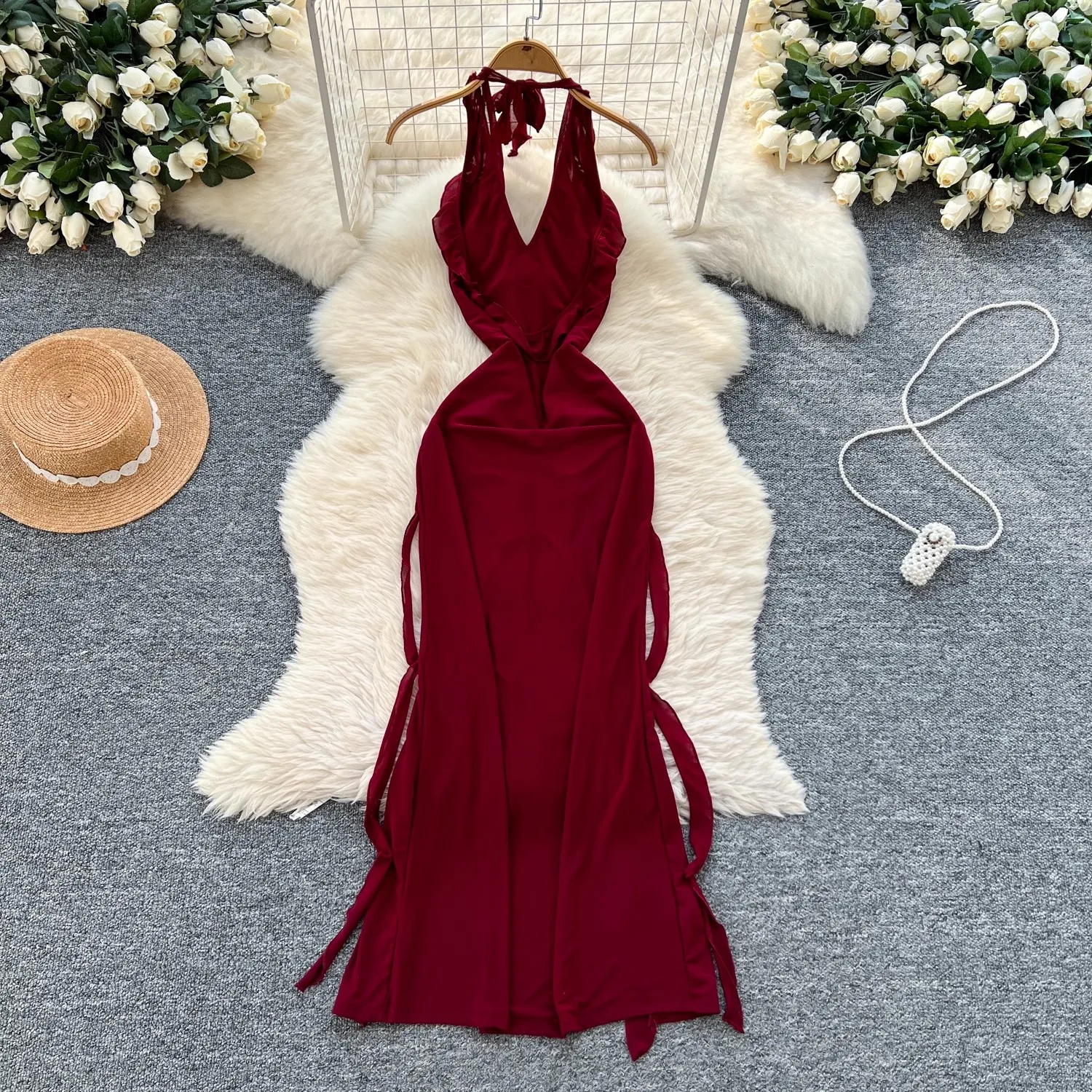 

Red Ruffles Elegant Dress Women Backless Summer Vacation Party Clothing Lady Sleeveless Chic Vestidos Bodycon