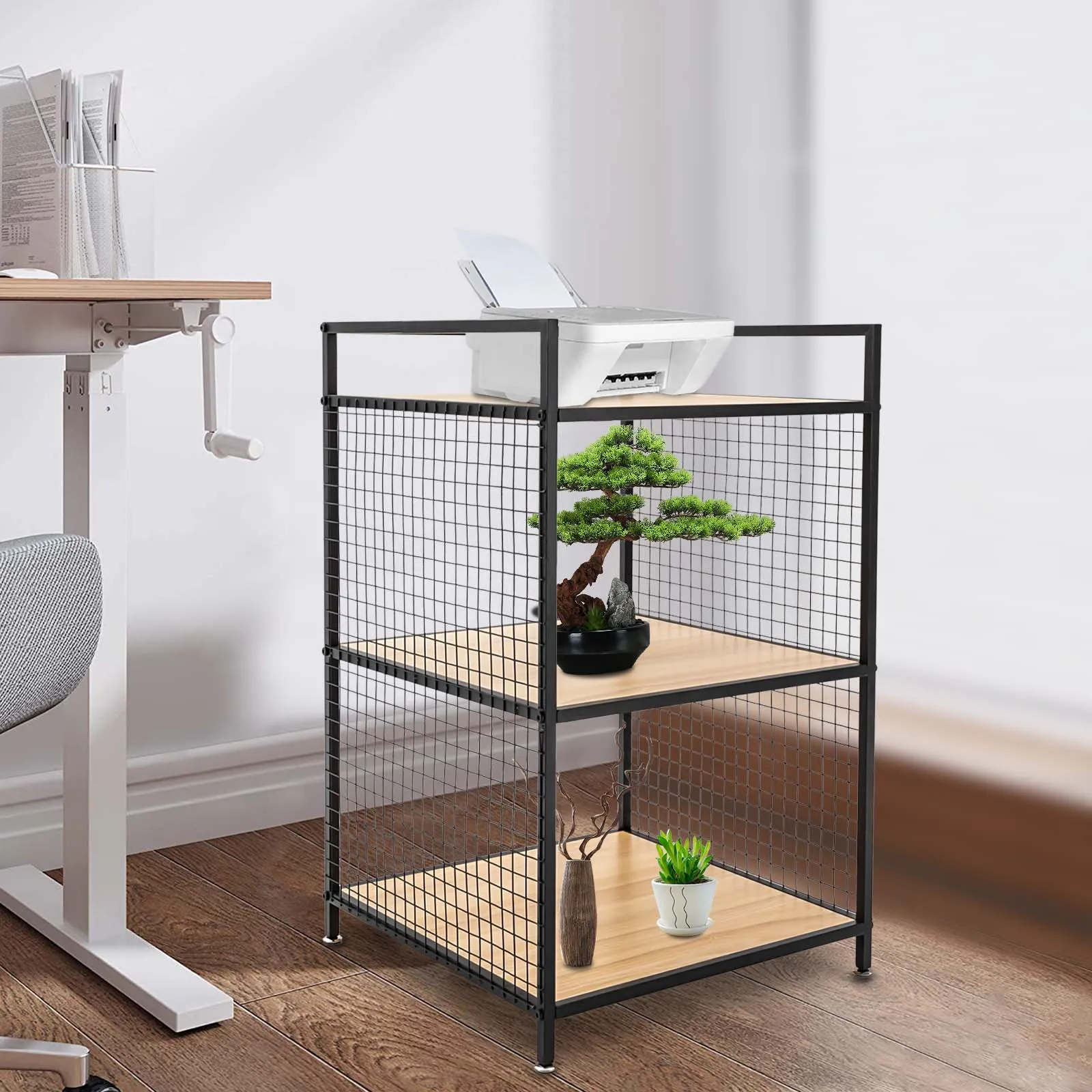 

3-Tier Printer Stand with Solid Wood and Iron Frame, Anti-slip Feet, Space-Saving Design for Home or Office Use