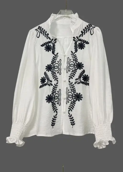 

Women's Elegant Heavy Embroidery Shirt, Long Sleeved, V-Neck, Floral Embroidery, Summer, New Style