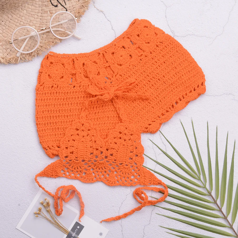 DIY Pure Handmade Crochet Woven Beach Children's Shorts Split Set with Strap Hollowed Out Vacation Swimsuit