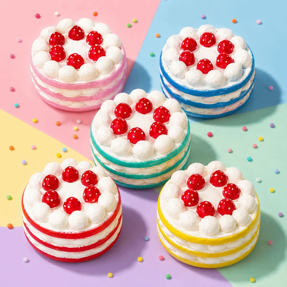 Color Random Simulation Food PU Material Strawberry Cake Design Stress Relief Slow Rebound Function Jumbo Size Slow Rising