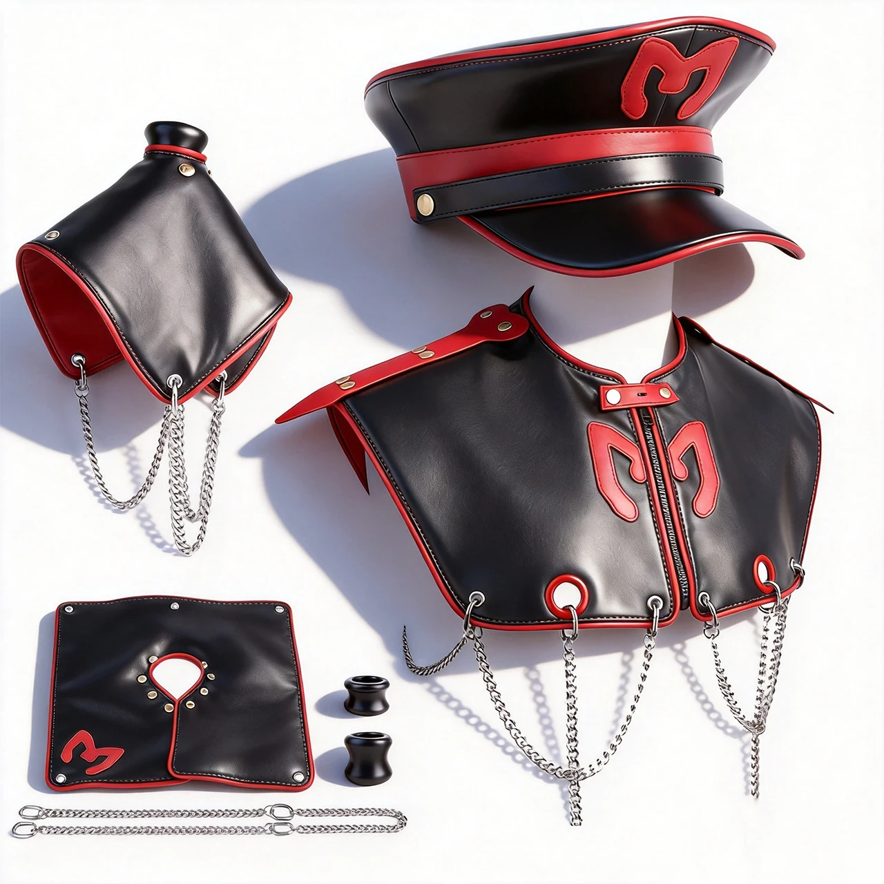 FRRK SM Bondage Roleplay Premium PU Leather Shoulder Stretching Posture Costume for Men, Dildo Scarf Scrotal Pouch Vowed