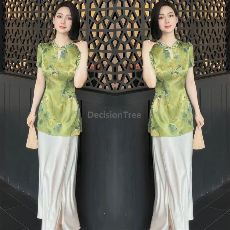 Summer Chinese Style Improved Women Cheongsam Blouse Green Printing Short Sleeve Shirt Casual Daily Lady Stand Collar Top