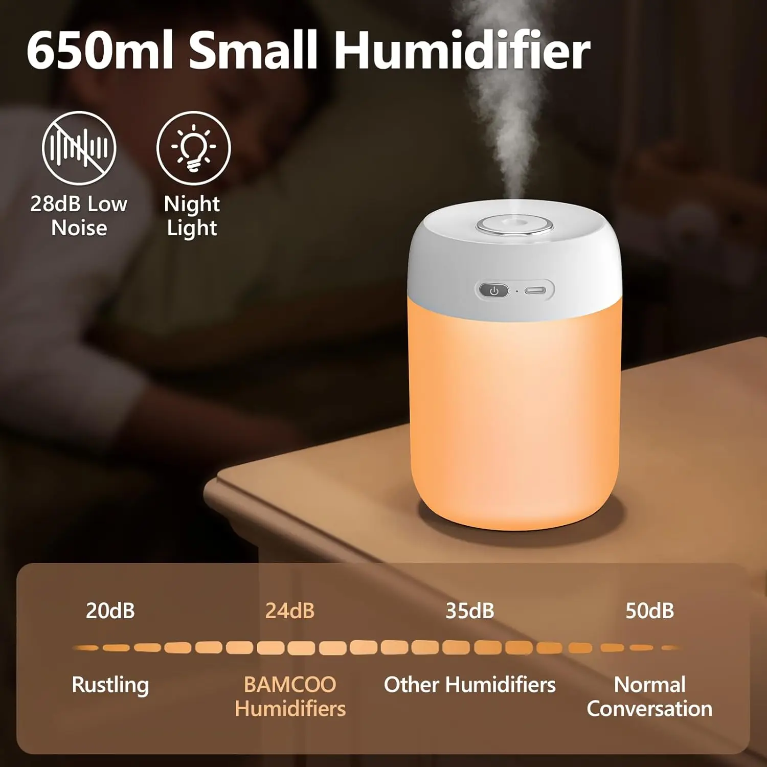 مرطب صغير محمول 650 مل مع ضوء LED، رذاذ USB بارد للمكتب وغرفة النوم والسفر #5