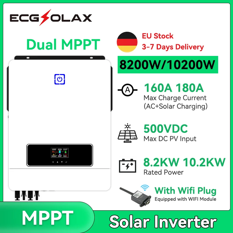 ECGSOLAX 10200W Hybrid Solar Inverter 48V 230VA MPPT 180A Charging Controller PV Max 500VDC Pure Sine Wave Inverter With Dual MP