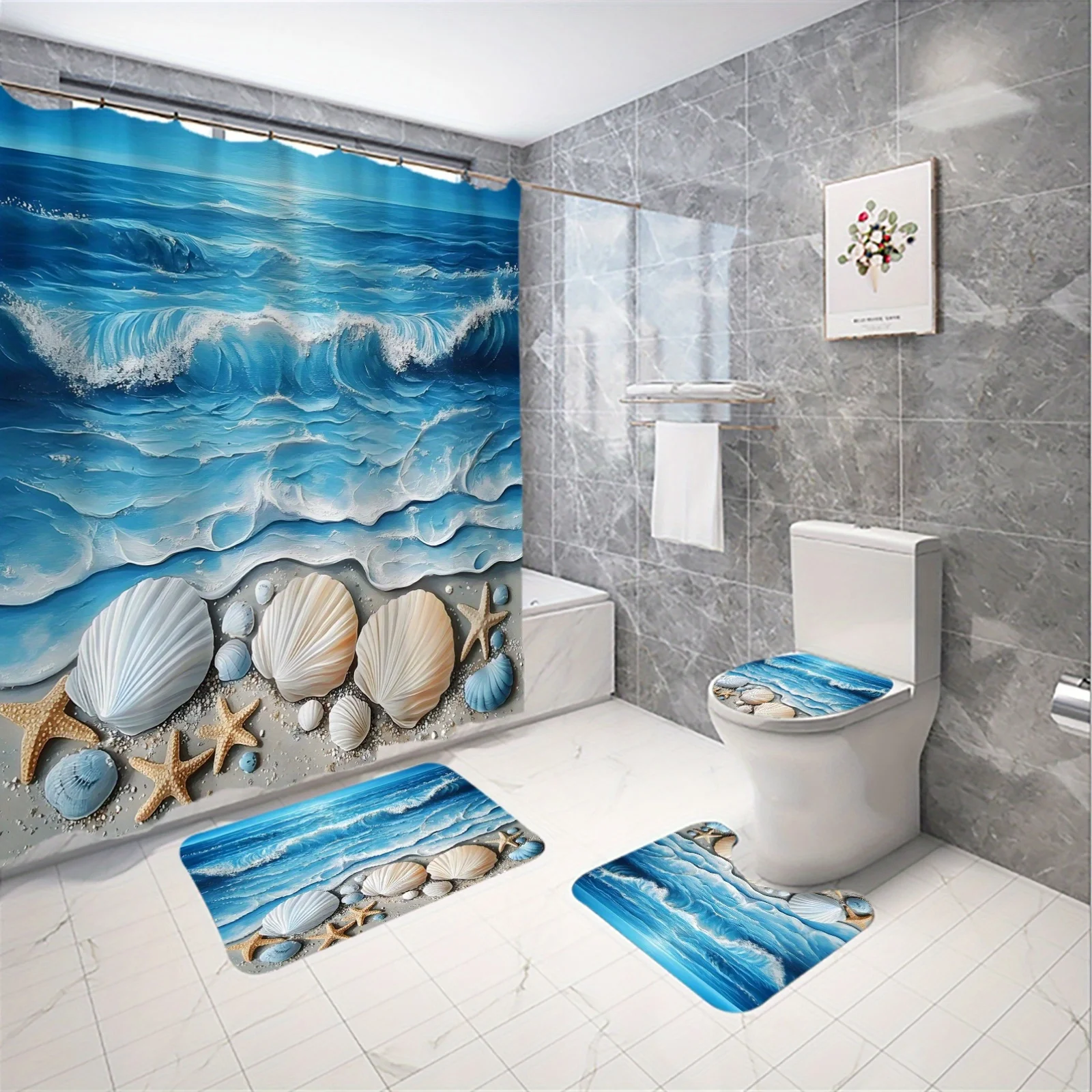 

4 шт., набор занавесок для душа Blue Ocean Secret Shell с рисунком морской звезды, занавески для ванной комнаты, декоративный напольный коврик для ванной комнаты