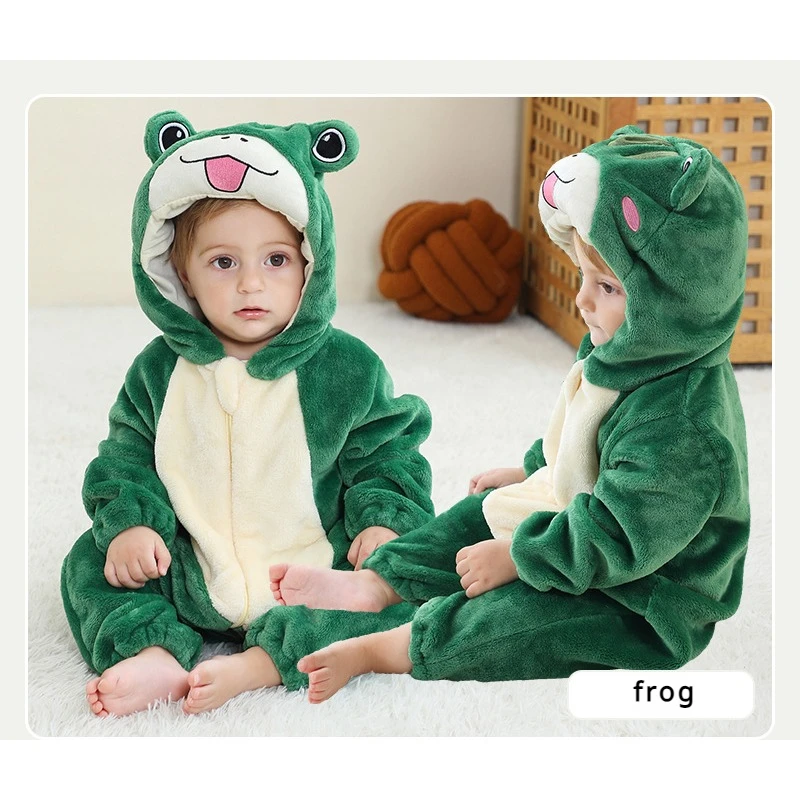 Children\'s Day New Green Frog Baby Jumpsuit Tassel Hooded Jumpsuit Sleepwear Animal Jumpsuit Girls and Boys