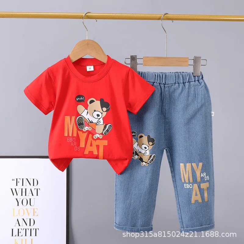 Korean version Children's Set boys Summer Cartoon Printed Short Sleeve+Cowboy Pants Infant Fashion Set 0-4Y