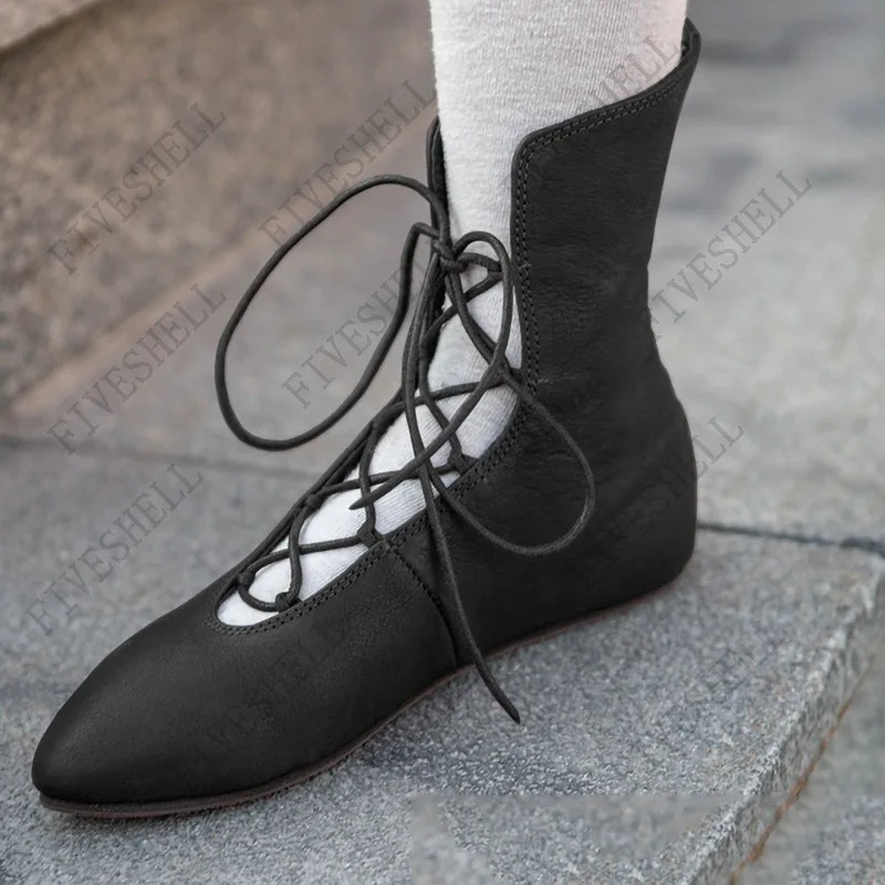Medievale Steampunk Vintage Lolita scarpe stivali in pelle Cross Lace Up Elf Hunter Queen Cosplay per donna uomo Halloween Stage Props