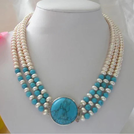 

Favorite Pearl Necklace,Stunning 3Rows 7-8mm Round White Freshwater Pearl Blue Turquoise Necklace,Charming Women Gift