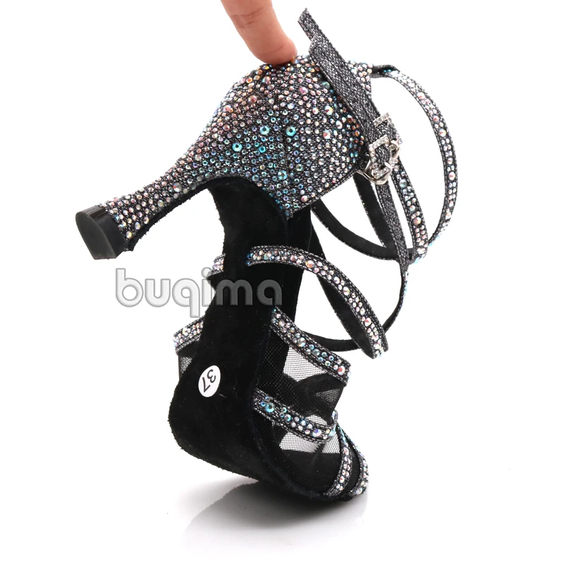 Women's Rhinestone-Encrusted Latin Dance Shoes Soft Bottom Salsa Sandals High Heels 7.5cm for Wedding And Ladies Dancing