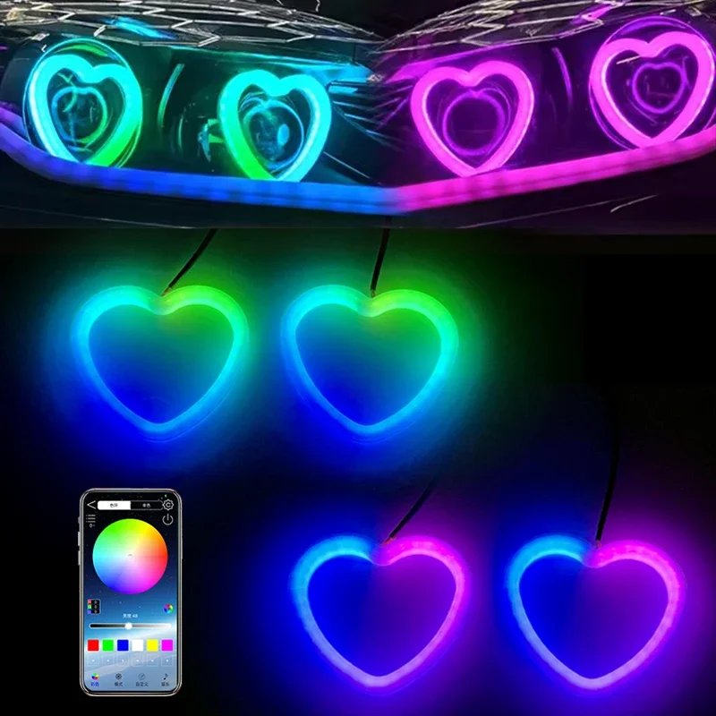 2 SZTUK Samochodowe Angel Eyes RGB Bawełniane pierścienie Halo 12V Reflektor Led DRL Motocykl Moto Angel Eye w kształcie serca z bursztynowym światłem skrętnym