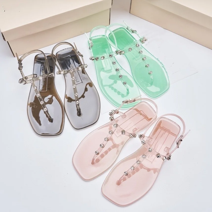 Summer new women's jelly shoes thin strap clip gemstone fashion flat flip-flops