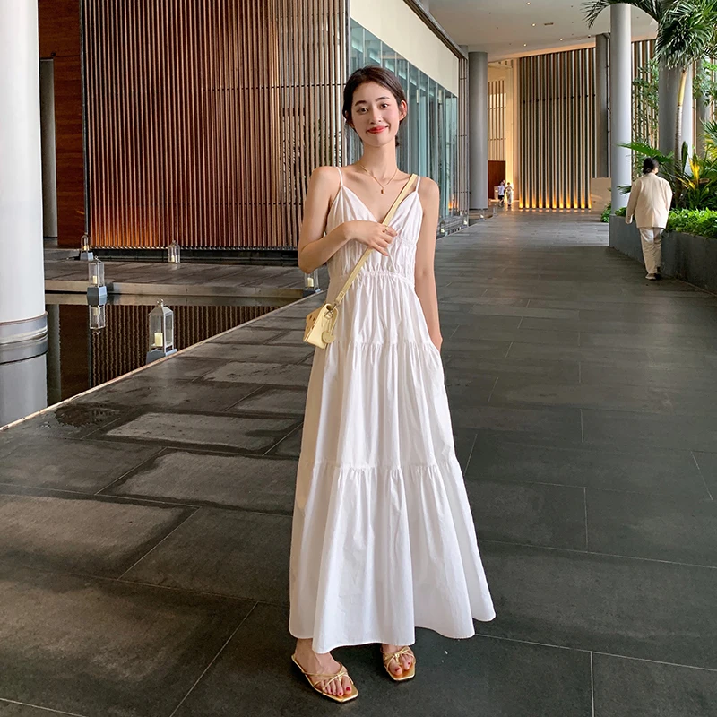 

Casual Solid Loose Summer Spaghetti Strap V-Neck Vocation A-line Long Dress