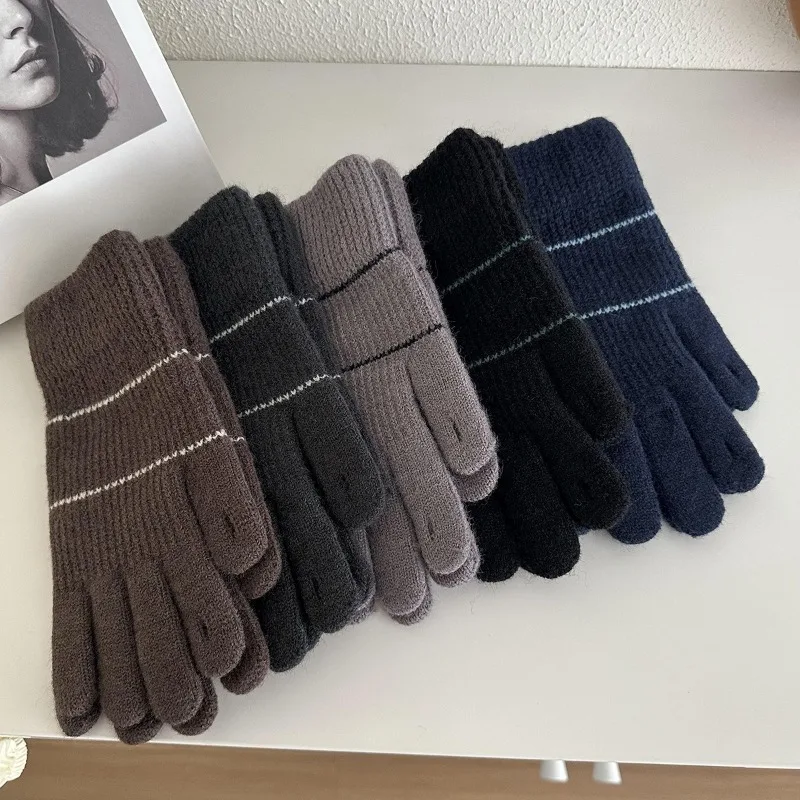 Winter unisex solid color yarn thick and cold resistant knitted gloves for students' outdoor cycling with exposed fingers