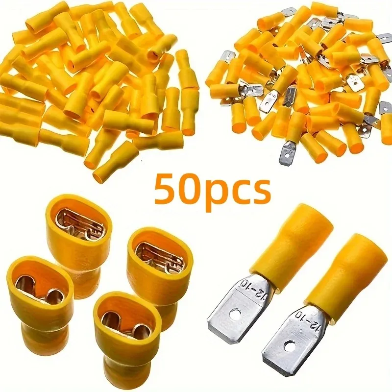 50 Pieces of 6.3mm 12-10Awg, 25 Female Connectors, 25 Male Connectors, Cable Connectors, Insulated Crimp Terminals, Flat Cable Terminal Connectors