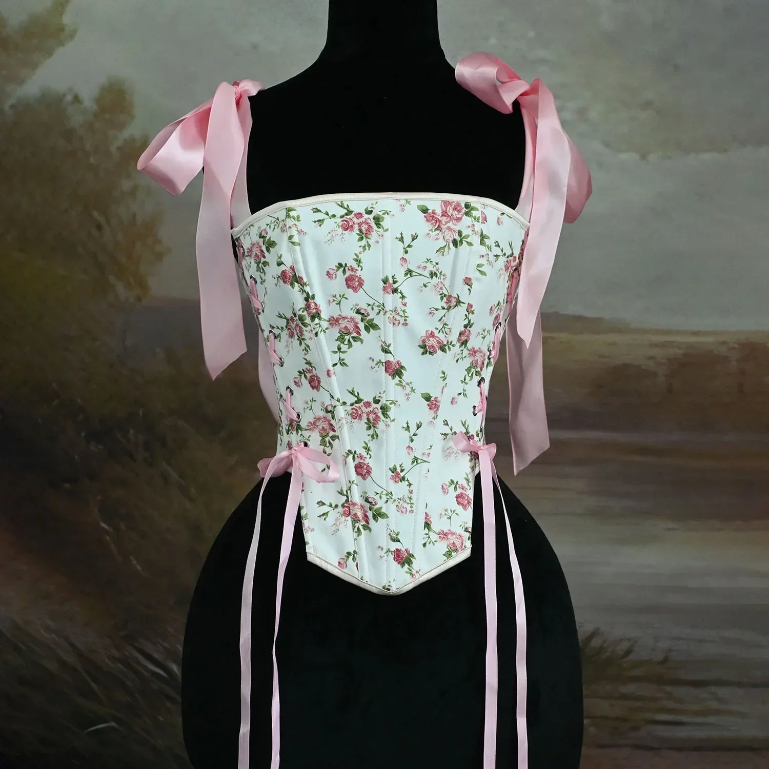 

Women's Corset Sleeveless Sexy Elegant Rose Pink Corsets Top Vintage Small Floral Print White Bustiers Gothic Lingerie Bodices