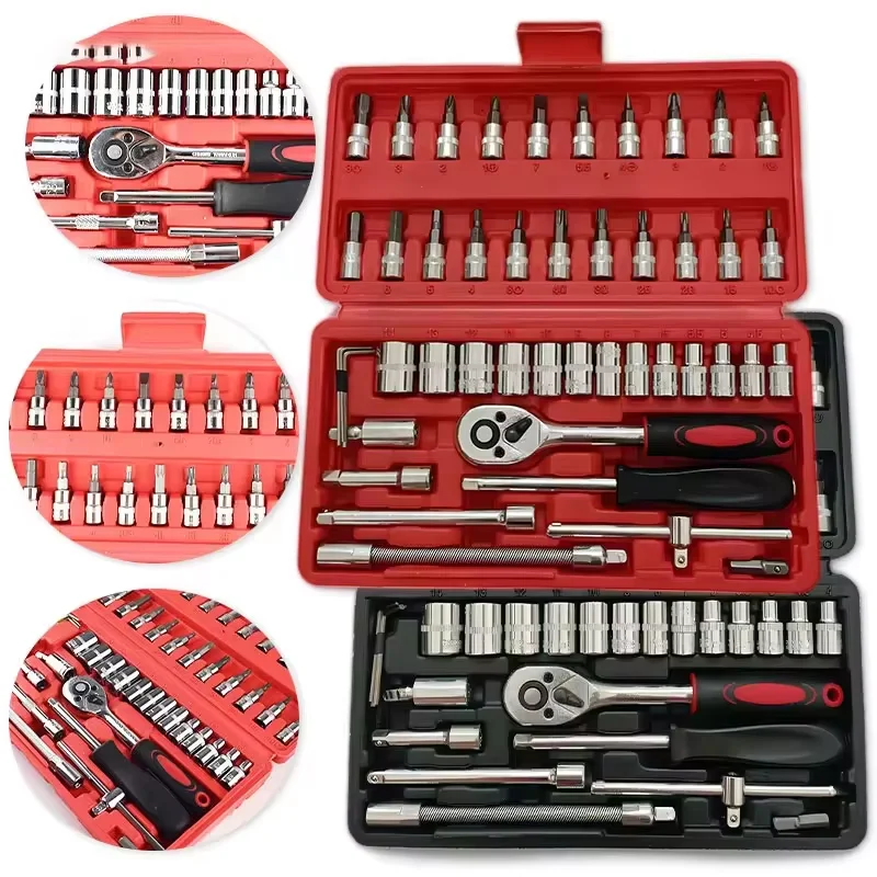 46pcs 1/4 Inch Drive Socket Set Ratchet Wrench Set With Bit Socket Wrench Mechanic Tool Kit for Car Motorcycle Bike Repair Tools