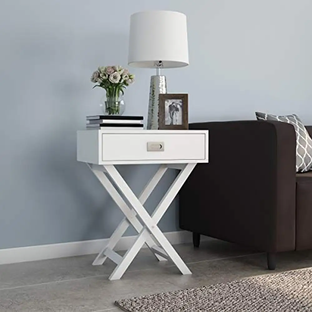 

Contemporary End Table Nightstand Drawer Metal Legs White MDF Wood Brushed Silver Handle Display Snack Plate Bedroom Living Room