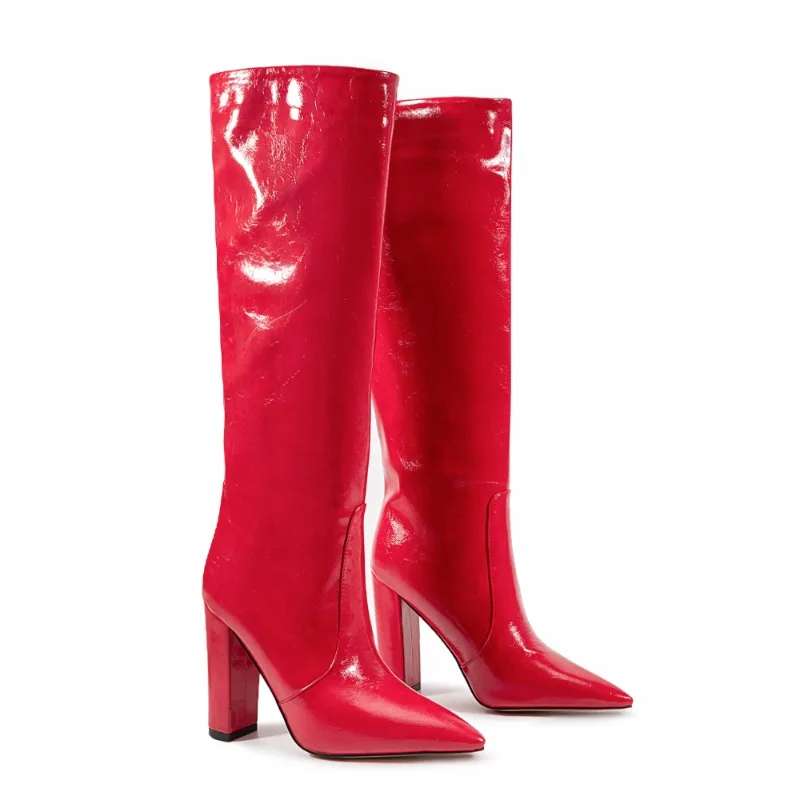 

Red Women's Winter High Boots Zipper Red Knee High Boot Women Shoes Western Cowboy Long Shoes Ladies Large Size 45